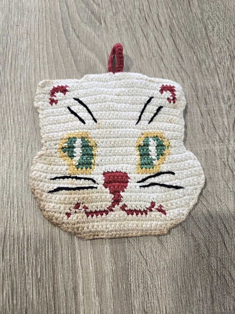 Vintage 1950's Crocheted Cat Pot Holder Mis Century Hot Pad Cotton Retro Kitsch